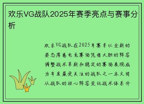 欢乐VG战队2025年赛季亮点与赛事分析